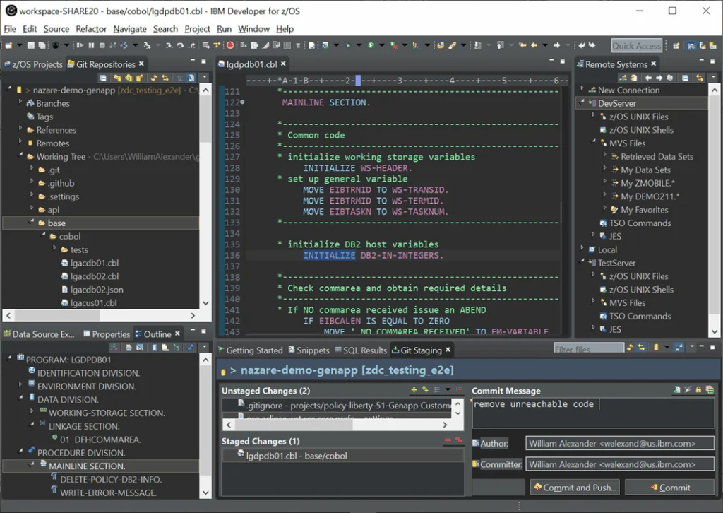 IBM Developer for z/OS workspace